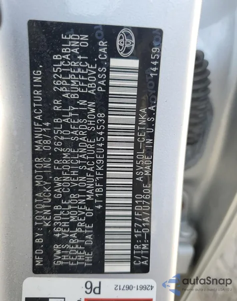 2014 Toyota Camry L z USA, uszkodzony, nr VIN 4T1BF1FK9EU454538